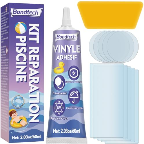 Bondtech Kit de Réparation Piscine, Rustine Piscines, Transparente Kit Reparation Spa Gonflable, Colle PVC pour Bouées, Produits gonflables, Matelas et Bateaux (60ml-1pack)