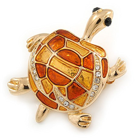 Broche tortue en émail plaqué or et cristal – 40 mm L