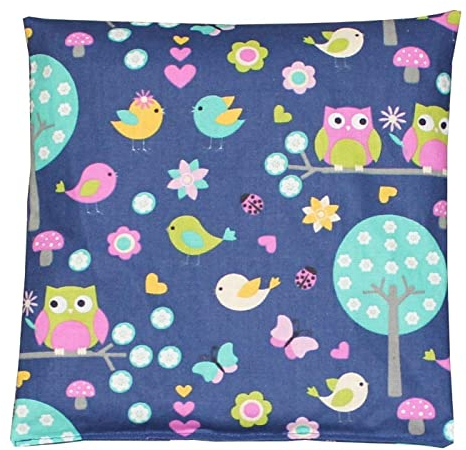 Franzis Nähstube 20x20cm Kirschkernkissen Eule blau in 100% Baumwolle I Körnerkissen Kirschkern 20x20 für Mikrowelle I Wärmekissen, Kirschkernkissen, Nackenwärmekissen