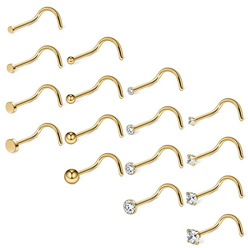 Ruifan 16PCS 20G Surgical Steel 1.5mm 2mm 2.5mm 3mm Top Flat & Ball & Clear Round & Jeweled Clear CZ Curved Nose Stud Ring Screw Piercing Jewelry - Gold
