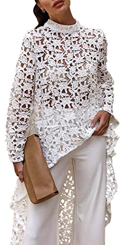 PRETTYGARDEN Women's Long Sleeve Round Neck High Low Asymmetrical Irregular Hem Casual Tops Blouse Shirt Dress (White,X-Large)