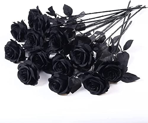 Laelfe 12 Pièces Roses Artificielles Noir, Longues Tiges Fausse Roses Fleur de Soie pour Halloween, Bouquet de Mariée, Décoration de Fête à la Maison, Hôtel, Jardin (Noire)