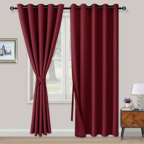 XWZO Blackout Curtains Shades Window Curtain Panels with Tiebacks- Noise Reduction and Thermal Insulated Eyelet Curtains for Bedroom,Living Room,Office,Study Room Burgundy W66xL90