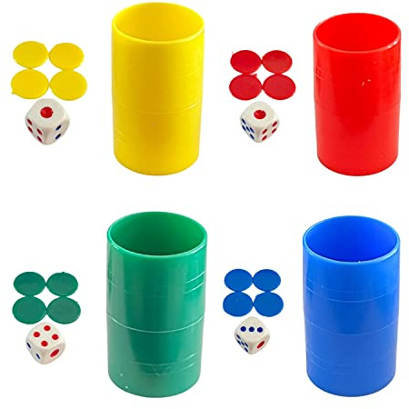 PLAYZOCO Pack de 4 cubiletes Dados y fichas de parchís, Set de Cubiletes, Dados y fichas, Kit de Accesorios de parchís, Juego de Dados y Fichas para Parchís