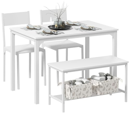 DlandHome Juego de 4 Piezas Mesa de Comedor con 2 Sillas y 1 Banco Conjunto de Muebles de Cocina de Madera con Estructura de Acero Blanco