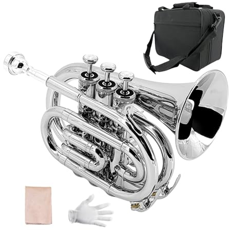Yinfente B Flache Taschen-Trompete für Anfänger, Studenten, mit Reinigungstuch, versilbertes 7C-Mundstück, Hartschalenkoffer, weiße Handschuhe (Silber)
