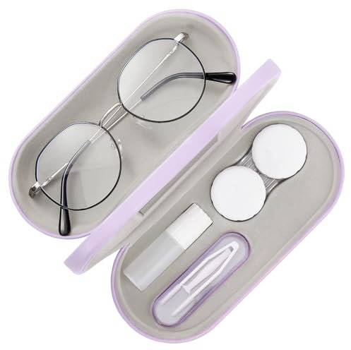 MoKo Double Eyeglass Case, Contact Lens Case with Mirror Tweezers Remover, 2 in 1 Double Sided Portable Contact Lens Box Holder Container Soak Storage Kit Sunglasses Pouch for Men & Women, Lilac