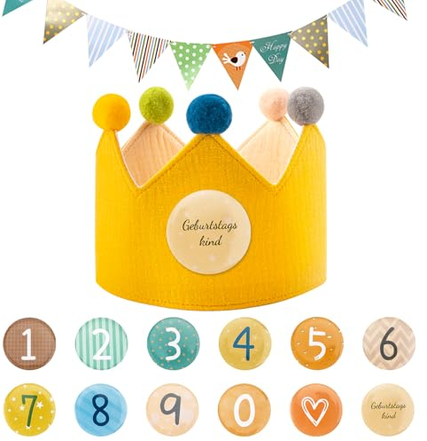 SREBIWO Geburtstagskrone Mädchen & Junge aus Musselin mit Geburtstagsbanner,Geburtstagskrone für Kinder,Krone aus Button Zahlen von 0-9,Krone Geburtstag Jungen Mädchen für den Kindergeburtstag (Gelb)