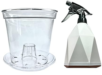 Maceta Transparente para Orquídeas + Plato + Pulverizador 600ml – Nuevo Modelo 12 Orificios Drenaje y Pestañas Elevación – Maceta Orquidea de Plastico Duro para Interior y Exterior Resistente 14.5cm