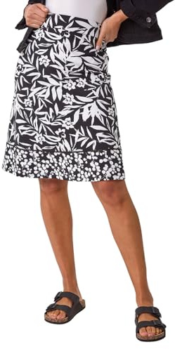 Roman A-Line Skirt for Womens UK - Ladies Knee Length Skirts Stretchy Elasticated Waist Smart Casual Work Cotton Contrast Detail Shape Spring Summer Holiday