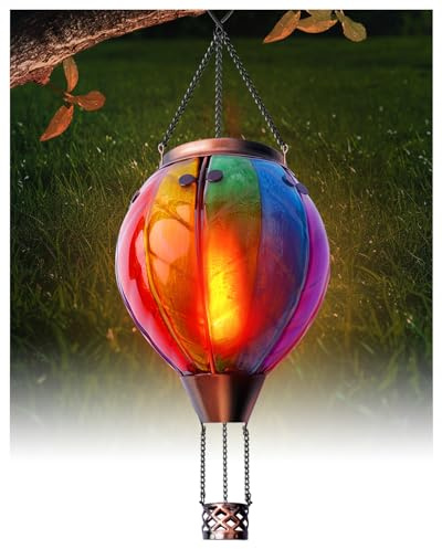 Klarlight Linterna Solar de Globo de Aire Caliente, Arco Iris Vidrio LED Luces, Linterna Solar Colgante Impermeable con Luz de llama Parpadeante para Árbol del Patio, Hecha de Metal y Vidrio