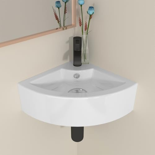 Plumbsys Lavabo d’Angle Céramique Blanche | Lavabo Mural pour Petits Espaces | WC Invités | 33x13 cm | Avec Kit de Fixation, Sans Robinet Ni Bonde