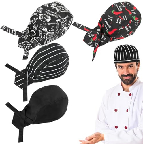 4 Pezzi Bandana Unisex Regolabile,Cappello da Cuoco,Bandana Uomo,Bandana Cuoco,Traspirante Cappelli Cuoco,Cuffia Cucina Elastico,Cappello Cucina Regolabile,per Cucina, Ristorante,Costume da Festa