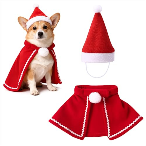Costume Natalizio per Animali Domestici Regolabile Cappello e Mantello di Natale Rosso Natalizio Vestito Carnevale Decorazione Regalo di Natale per Taglia Piccola Gatto Cane
