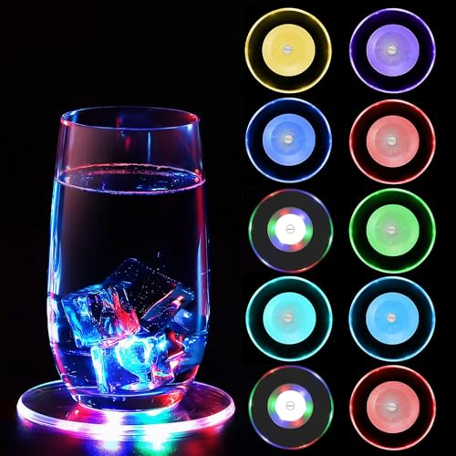 QESSUVNC 10 Stück LED Untersetzer,Bunt LED Untersetzer mit 7 Lichtmodi, 10CM Acryl Rund Wasserdichtes Untersetzer für Hochzeiten Bar Geburtstage Leuchtende Untersetzer Gläser Party