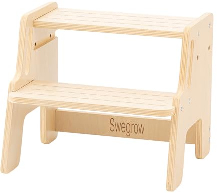 Swegrow Wooden Step Stool,Height-Adjustable 2-Step Stool for Toddler & Kids,Kids' Step Stools with Safety Non-Slip Pads and Handles for Kitchen, Bedroom,Bathroom and Washroom (Wood color)