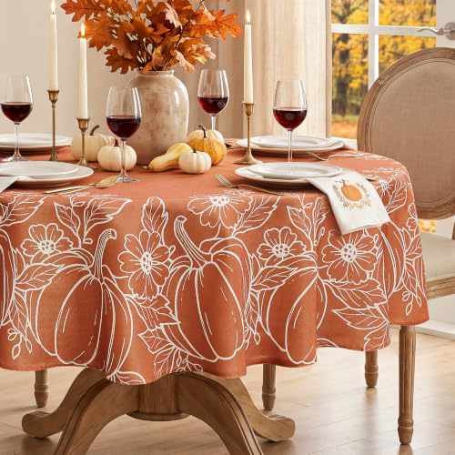 Softalker Round Autumn Tablecloths 150 cm Diameter, Faux Linen Fall Table cloth with Pumpkin, Water Resistant & Washable, Table Cover for Harvest,Thanksgiving,Outdoor,Party Tabletop Dining Decoration