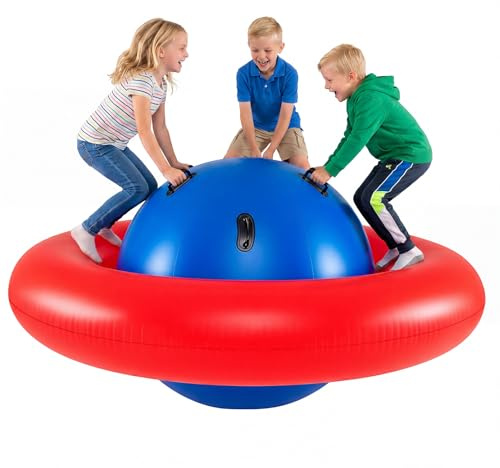 COSTWAY Balancín Inflable para Niños Mayores de 5 Años, 223 x 123 cm con 6 Asas Incorporadas, Balancín Inflable con Cúpula (Rojo)
