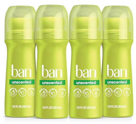 Ban Original Unscented 24-hour Invisible Antiperspirant, 3.5oz Roll-on Deodorant, 4-pack, Underarm Wetness Protection, with Odor-fighting Ingredients