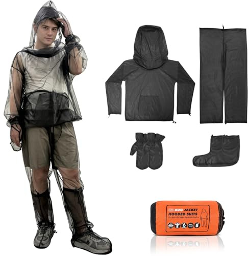 HOMEYA Bug Jacket L/XL, Anti Mosquito Netting Suit with Zipper on Hood Ultra-fine Mesh Pants Mitt Socks with Free Carry Pouch for Protecting Hunting Fishing Men Women