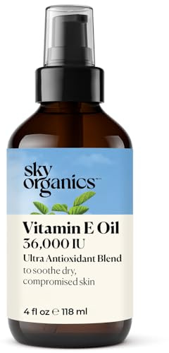 Sky Organics Vitamin E Oil Blend for Face, Organic Antioxidant Facial Oil, 36,000 IUs to Deliver Reparative Moisture and Soothe Dry, Damaged Skin, 100% Pure & Cold-Pressed, 3.97 fl oz, 117 ml