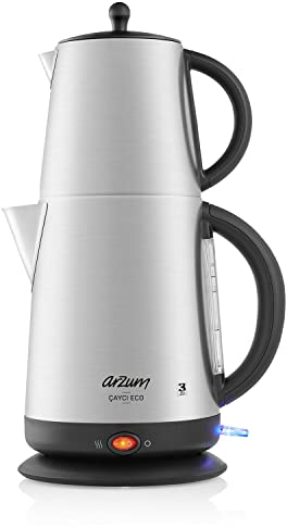 Arzum Teemaschine Inox, Türkische Teekanne, 1,0L Edelstahl-Kanne & 1,8L Wasserkocher, Automatische Abschaltung, Verdecktes Heizelement – 360° drehbar, Trockengehschutz, Teefilter aus Edelstahl