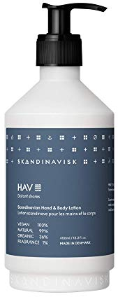 Skandinavisk HAV 'Sea' Organic Hand & Body Lotion. Fragrance Notes: Salt Spray and Sea Kelp, Hawthorn and Beach Rose. Vegan formula. 450 ml