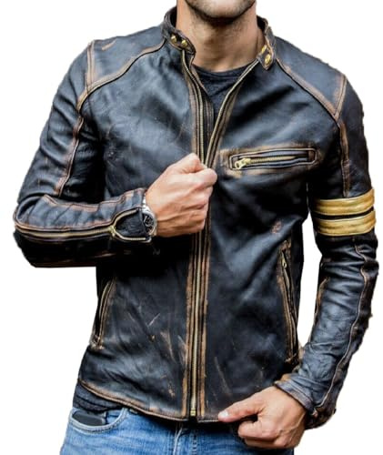 Giacca da uomo in vera pelle da motociclista Cafe Racer vintage in vera pelle nera invecchiata
