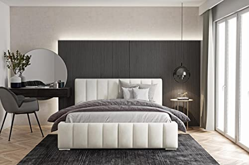 WFL GROUP Samtstoff Polsterbett Doppelbett Komplett 140x200 160x200 180x200 cm Bettgestell Mit Bettkasten Lattenrost und Kopfteil - Hydrophobe Stoff - Beige - 180 x 200 cm