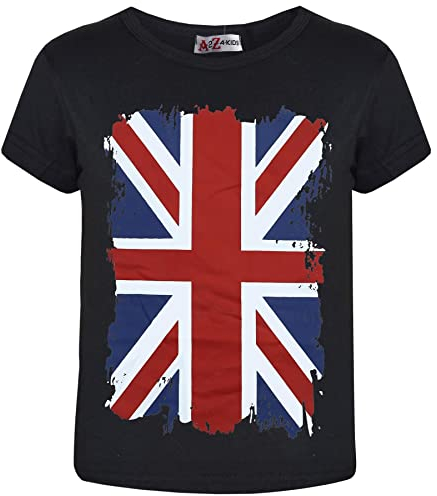 A2Z 4 Kids Flickor Pojkar Soccer Team Fotboll Värld Kopp Stöd T Shirt Union Jack - T Shirt 551 Black 11-12