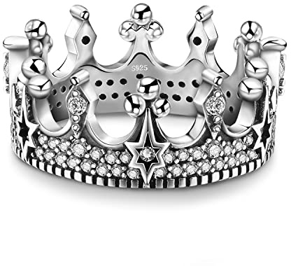 JewelryPalace Gothic Vintage Crown Cubic Zirconia Ring For Women, Star Tiara 14K White Gold Plated 925 Sterling Silver Cocktail Rings Jewelry Sets for Her 8