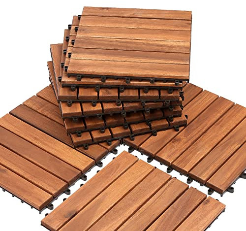 Izrielar 22er Terrassenfliese, 30 x 30 cm Holzfliesen aus Akazienholz, 2m² Bodenbelag Drainage Klicksystem Terrasse Balkon Garten, Braun