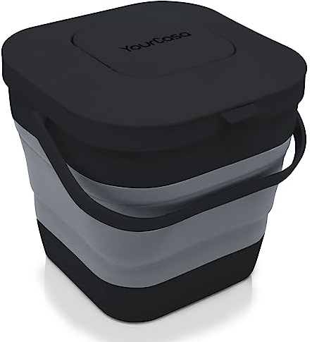 YourCasa® Bio Mülleimer faltbar - 4L Biomülleimer Küche klein mit geruchsdichtem Aktivkohlefilter-Deckel - spülmaschinenfest - auch ideal für Camping & Wohnmobil - Behälter für Biomüll (Schwarz)