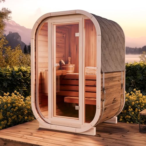 FinnTherm Fasssauna Ellipso S, Moderne Outdoor Sauna inkl. Dacheindeckung, Kompakte Gartensauna mit Glasfront, Außensauna: B 136 x T 119 x H 203 cm, 2 Personen