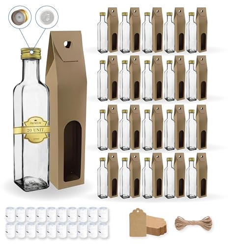 20 bottiglie in vetro da 250 ml con tappo a vite dorato con beccuccio versatore + 20 scatole + 20 sigilli + 20 etichette Kraft + spago | olio d'oliva, aceto, alcol, salse | olio di vetro