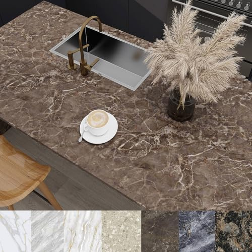 PHINILUX Marble Contact Paper for Countertops Cover - 24x197 Matte Brown Gold Peel and Stick Wallpaper - Removable Self Adhesive Thick Granite Vinyl Film Roll