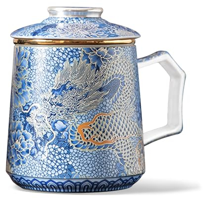 fanquare Tazas de té Chinas Loong Taza de Té de Porcelana Azul con Infusor y Tapa Taza Grande de Cerámica Tradicional con Asa