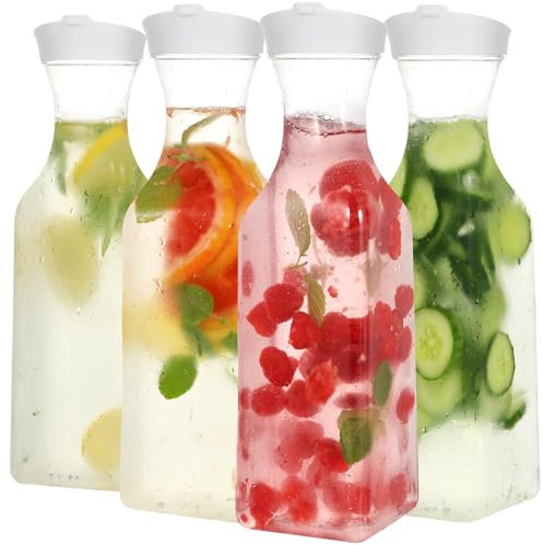 Wasserkaraffe Plastik, LIMILI 4er Set 1,5L Wasserkrug Kunststoff mit Deckel, Saftkrug Kunststoff Karaffe Eistee Krug mit Deckel, Wasserkanne für Kühlschrank Wasser Kaffee Milch Tee Saft Getränke Wein