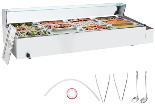 VEVOR Scaldavivande Commerciale a 12 Vaschette, Tavolo Elettrico a Vapore 12 x 4,73 L, Coperchio in Vetro, Bagnomaria Buffet in Acciaio Inox 1700 W, Controllo Temperatura 30-85°C Ristoranti Argento