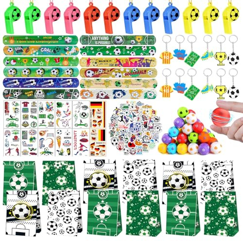Calcio Festa Compleanno Regalo Bambini, 122 Pezzi Regalini Fine Festa Bambini, Gadget Calcio Compleanno con Pallone da Calcio Rotante, Sacchetti Regalo,Bracciale a scatto, Fischietti, Tatuaggio