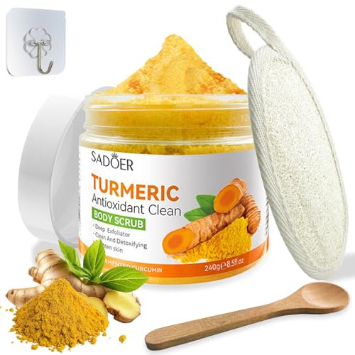 Peeling Esfoliante alla Curcuma per il Corpo con Spugna Luffa - Scrub per una Pulizia Profonda, Pelle Liscia - per Uomini e Donne
