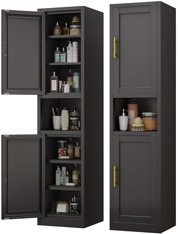 pozdeg 67 Tall Narrow Storage Cabinet Metal Bathroom Cabinet with 2 Doors & 4 Adjustable Shelves, Standing Pantry Cabinets Cupboard for Kitchen, Dining Room, Living Room and Bathroom (Black)