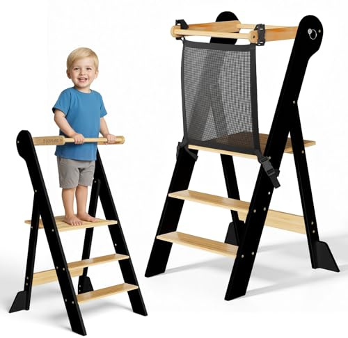 COSYLAND Torre de Aprendizaje Plegable de Madera - 2 Alturas Ajustables, para Niños de 18 Meses a 6 Años, Uso en Cocina, Baño o Habitación Infantil - Negro/Natural