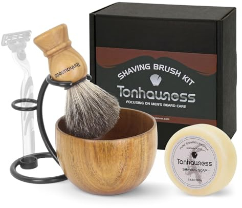 Kit de blaireau de rasage pour hommes, ensemble de 4 blaireaux en 1 comprend un blaireau de rasage en poils de blaireau, un bol en bois, un support de rasage en acier inoxydable et un savon à raser au