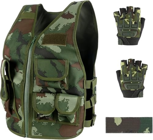 NewBEP Kids Outdoor Vest, Children's Combat Vests Adjustable Breathable Vest with Kids Half Finger Short Gloves (Green)