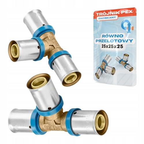 Rimex Pressfitting PEX T-stycke reducerare pressmontering, dricksvatten och uppvärmning, U-kontur, mässing, hylsa av rostfritt stål, 1 styck (25 x 25 x 25 mm)