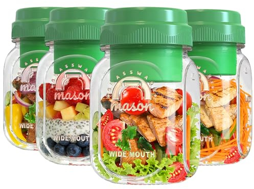 [UPGRADE] 4 Pack Green Salad Jars with Lids and Airtight Silicone Dressing Cup, Square Glass Salad Container for Lunch with Foldable Fork for Men/Women, 32 Oz Mason Jar for Overnight Oats Meal Prep