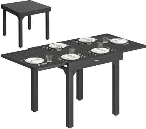Outsunny Mesa de Jardín Extensible de Aluminio 70 kg 80/160x80 cm Negro | Mesa Terraza Exterior Extensible, Superficie de Lamas, 4-6 Personas, Patio
