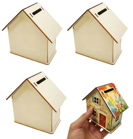 duoyif Sparbössa 3-delat trähus mini omålat vitt hus trälåda gör-det-själv gör-det-själv inredning besparingar födelsedagspresent 10,5 x 10 x 5,5 cm