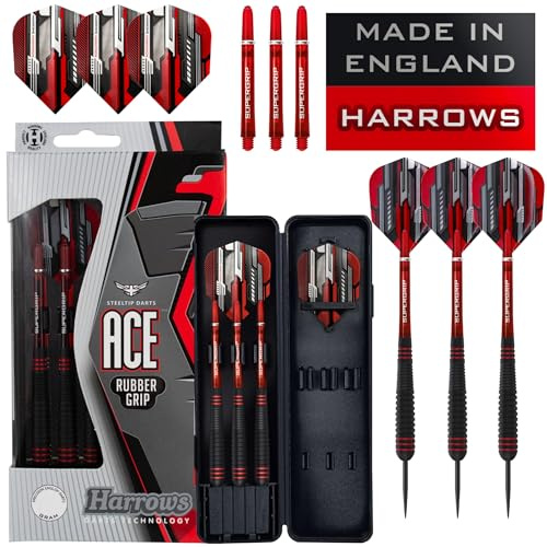 Harrows Ace Rubber Black Darts | Jeu de fléchettes à Pointe en Acier avec étui de Transport | 20g, 22g, 24g et 26g | Comprend des tiges Supergrip et des ailettes Marathon de 100 microns-24grmm
